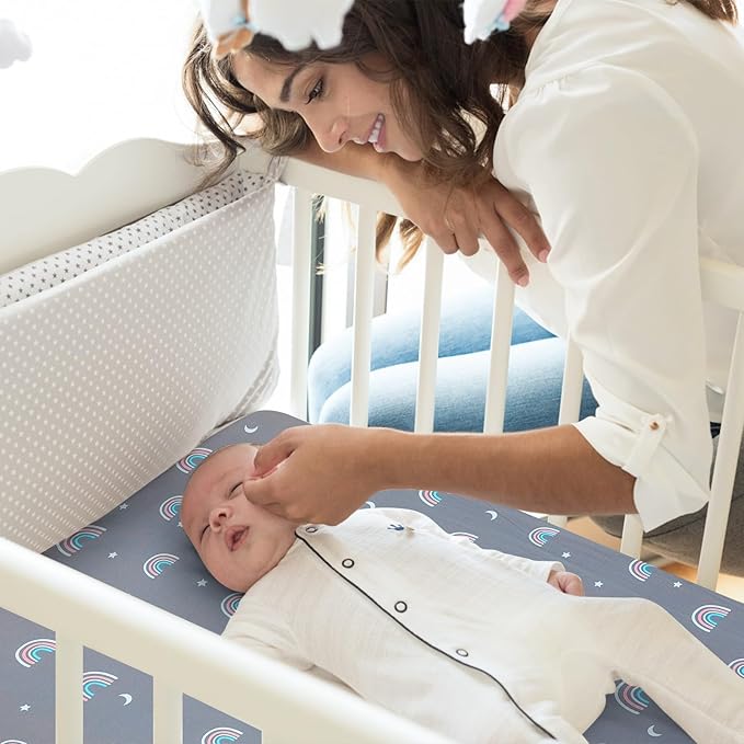 Pack n Play Fitted Sheet .2 Piece Mini Crib Sheet Stretch Playard Sheet Portable Sheet Set. Elastic Convertible Playard Sheet Set Compatible with Graco Pack n Play (Rainbow and Dinosaur Park)