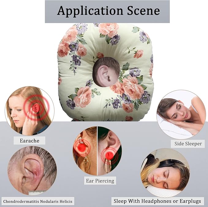 Ear Piercing Pillow for Side Sleepers, Pillow with an Ear Hole for CNH and Ear Pain Ear Inflammation Pressure Sores, O-Shaped Side Sleeping Pillow, Ear Guard Pillow(Red Flower)