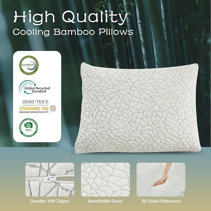 Shredded Memory Foam Pillow for Sleeping, Cooling Bed Pillows Queen Size, Adjustable Soft and Firm Pillows or Side, Back, Stomach Sleepers with Washable Removable Bed Pillow Cover