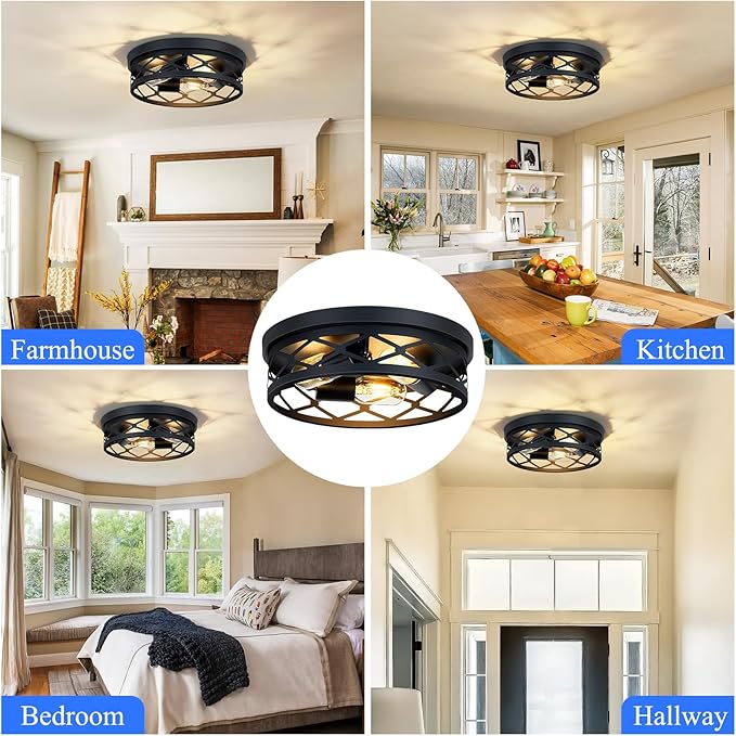 Flush Mount Ceiling Light Fixture, 3-Light Ceiling Light Fixture for Hallway, Black Hallway Light Fixtures Ceiling,Light Fixtures Ceiling Mount for Kitchen,Farmhouse,Hall (1 Pack)