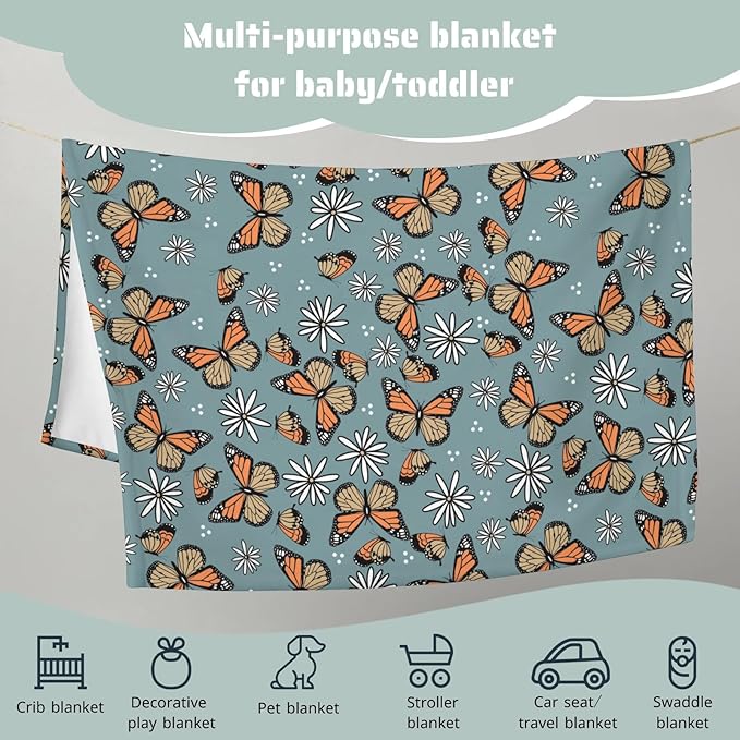 Butterfly Daisy Flower Baby Blanket for Girls Gift, Blue Yellow Floral Flannel Fleece Nursery Bed Receiving Blankets, Soft Warm Lightweight Newborn Infant Toddler Kids Crib Bedding 30 x 40