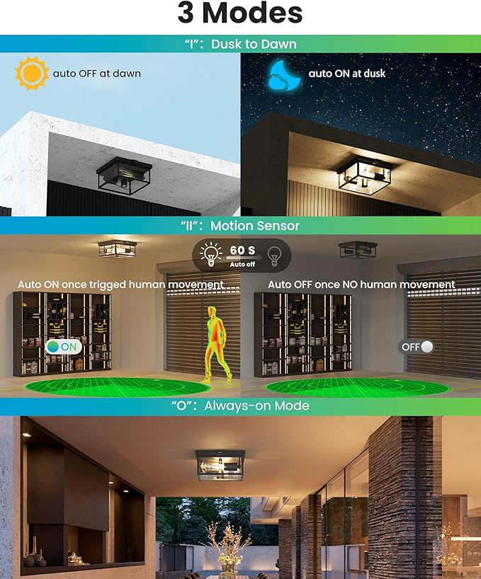 Outdoor Flush Mount Motion Sensor Ceiling Light - Modern Design of Squares with Motion Sensor 3 Modes Porch Ceiling Light for Your Porch, Driveway, Covered Patio, Farmhouse, Entryway