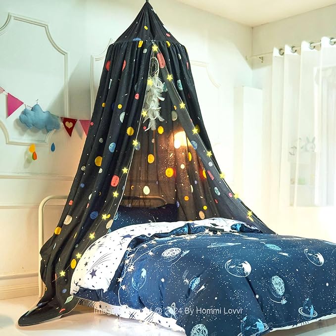 Space Planets Print Kids Bed Canopy, Girls Princess Bed Canopy Dreamy Room Decor, Soft Hanging Reading Nook Play Tent Canopy, Extra Large Full Size Bed Canopy with String Light