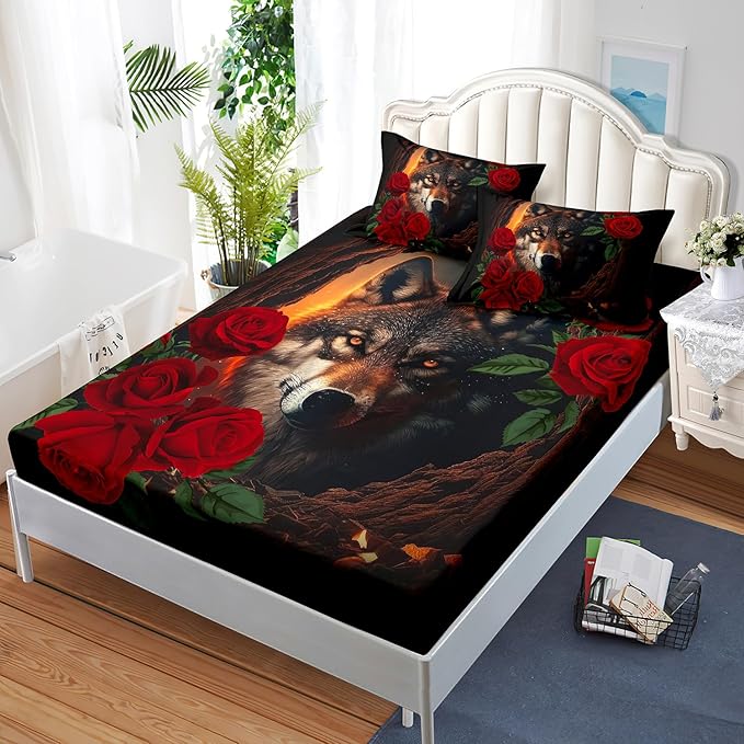 AILONEN Girls Wolf Fitted Sheet Set Twin XL Size, 3 Pieces Bedding Set Red Rose Wolf Sheet Set for Women Teen Kids,Wildlife Bed Sheet Set Wolf Fitted Sheet with 2 Pillowcases