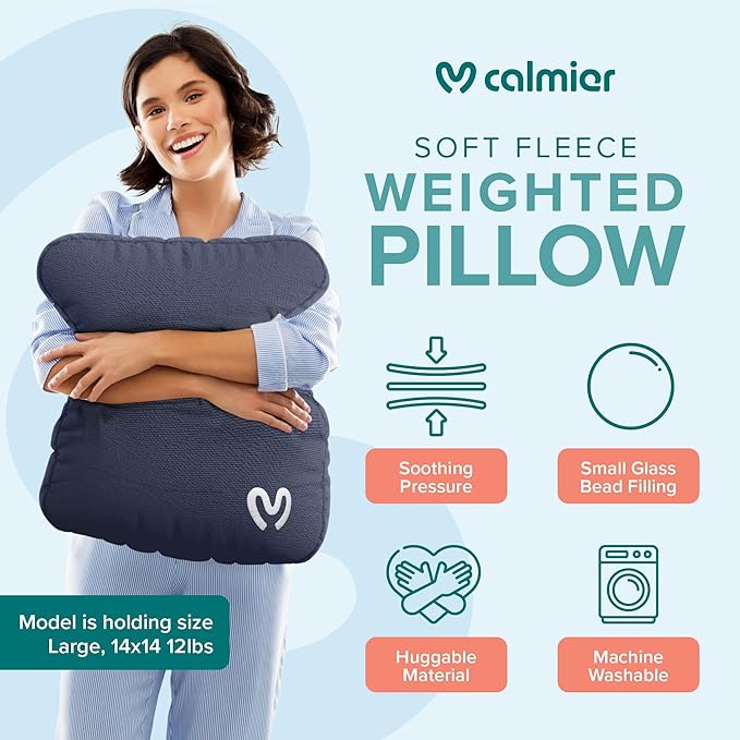 Calmier - 6 lb Sensory Weighted Pillow - Glass Bead Filled Hug Pillow - Ultra Plush Cozy Weighted Pillows for Adults and Kids - Child Sensory Pillow - Weighted Lap Pad (Blue - Fleece, 6 LBS)