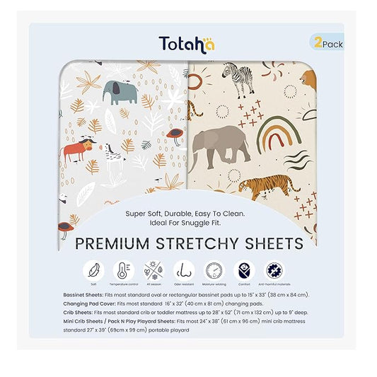 TotAha Jungle Animal Crib Sheets for Girls Boys 2 Pack, Fitted Baby Crib Sheet Neutral for Standard Crib Mattress & Toddler Bed Mattress (52"x28"), Ultra Soft Baby Sheets