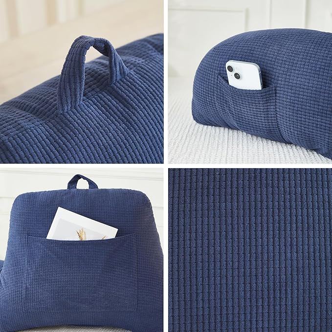 Back Pillow for Bed Sitting Up,Reading Pillow for Sitting in Bed Adult with Arm Pillow,Back Rest Pillow for Sitting in Bed with Pockets,While Gaming,Working,Watching,Large-Navy