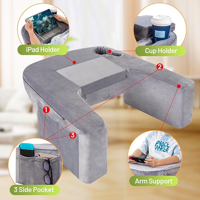 DELLAN Reading Pillow for Bed, Gaming Pillow for Lap, Memory Foam Lap Desk Pillow with Arm Rest for Adult