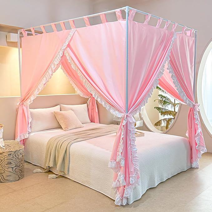 AIKASY Peach Pink Canopy Bed Curtains with Top Ties and Tie Backs for Bedroom Decoration - Queen Size Bed Curtains with Windproof and Lightproof Features