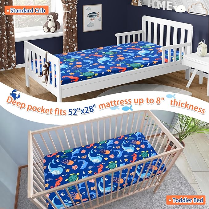 JISEN Baby Crib Sheets Soft Breathable Fitted Crib Sheets Baby Sheet for Standard Crib and Toddler Mattress Baby Bed Sheets for Crib for Baby Boys Girls Neutral 52x28 Inch Whales