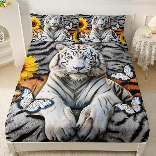 AILONEN Tiger Fitted Sheet Set Twin XL Size, 3 Pieces White Tiger Fur Printed Bed Sheet Set,Kids Boys Girls Sunflower Tiger Sheet Set,Butterfly Tiger Fitted Sheet with 2 Pillowcases