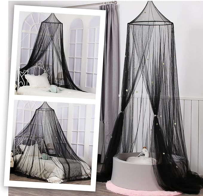 South to East Bed Canopy with Glowing Stars in The Dark, Black Bed Curtains for Kids Bed & Toddler Bed, Twin, Full & Queen Bed, Mosquito Net Canopy for Adult Bedoom, Easy to Install