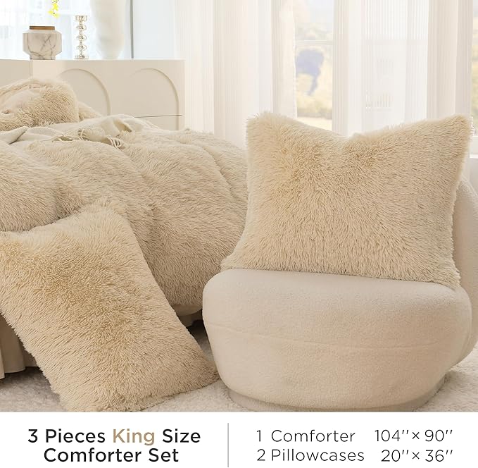 Litanika Beige Plush Comforter King Size, Luxury Fluffy Fuzzy Bedding Set for King Bed, Ultra Soft Velvet Shaggy Comforter 3 Pieces(1 Faux Fur Comforter 104×90 Inch, 2 Pillowcases)