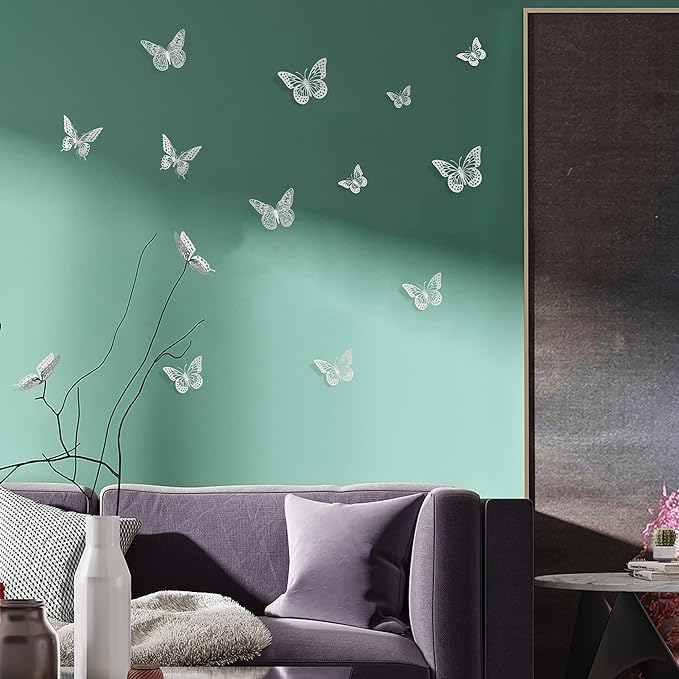 SAOROPEB 3D Butterfly Wall Decor, 48 Pcs 4 Styles 3 Sizes, Removable Metallic Wall Sticker Room Mural Decals for Kids Bedroom Nursery Classroom Party Decoration Wedding Decor DIY Gift (SLIVER)
