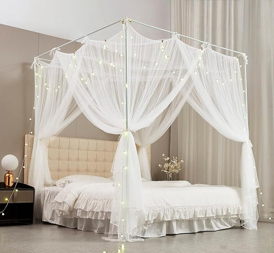 Mengersi Canopy Bed Curtains Bed Canopy with Lights for Girls, Bed Netting Unique Style 4 Door Mosquito Net for Adults Women Bedroom Decor (White+Lights, Twin/Twin XL)