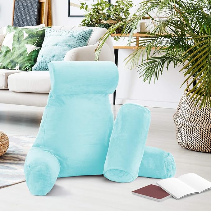 Nestl Reading Pillow Large Bed Pillow, Back Pillow for Sitting in Bed Shredded Memory Foam Chair Pillow, Reading & Bed Rest Pillows Light Blue Back Pillow for Bed, Bed Chair Arm Pillow with Pockets