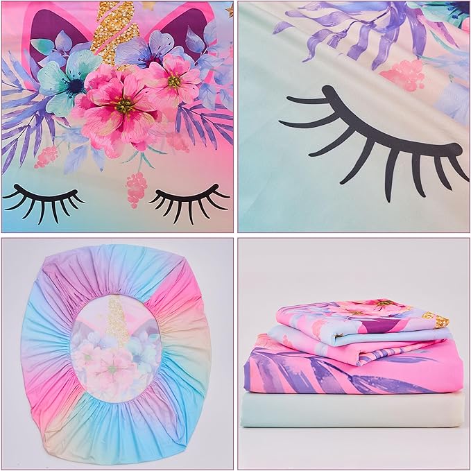 VIVILINEN Queen Size Sheet Set 3 Piece Rainbow Unicorn Kids Queen Bed Sheet Set for Girls Deep Pocket Bedding Set Bed Fitted Sheet Set Include Flat Sheet, Deep Pocket Fitted Sheet and 2 Pillowcase