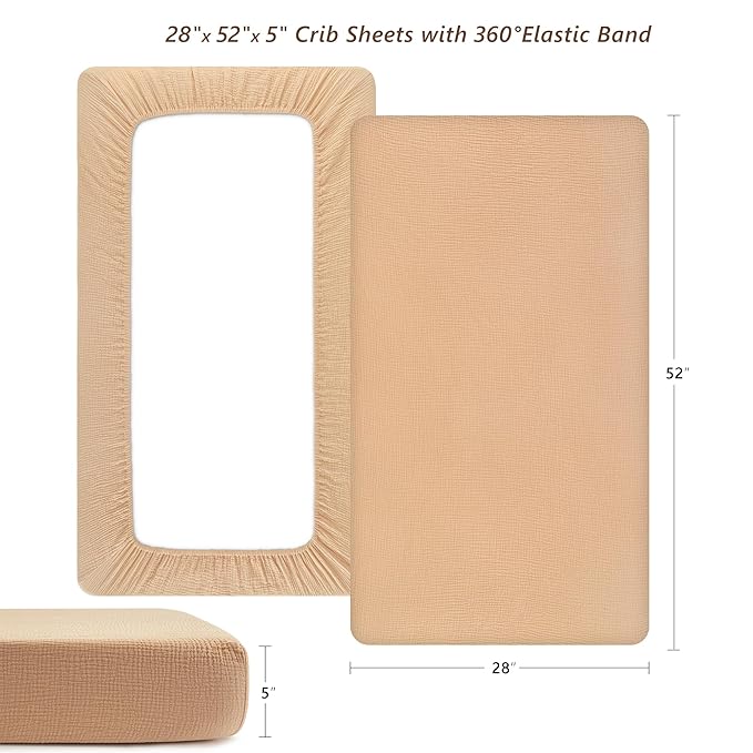 TILLYOU 2 Pack Muslin Crib Sheet for Boys and Girls - 100% Cotton Fitted Crib Sheet for Toddler Standard Crib Mattress, Soft and Breathable, 52"x28"x8",Beige&Light Brown