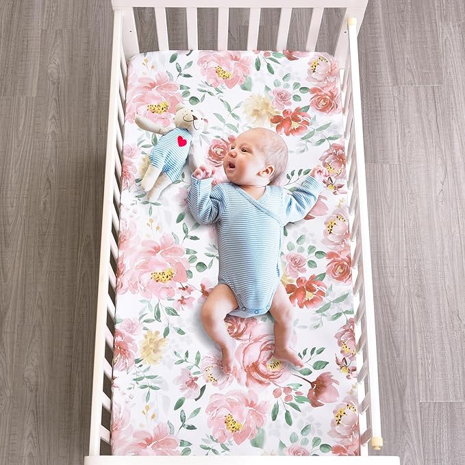 PHF Soft Floral Crib Sheet Fitted, 2 Pack Silky Comfy Breathable Baby Sheets for Girls, 28x52x9in Fits Standard Crib and Toddler Mattresses, Watercolor Floral