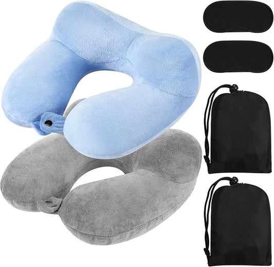 Sintuff 2 Pack Inflatable Travel Pillow for Airplanes Inflatable Neck Pillows with Compact Bag and Blindfold Soft Flight Pillow for Traveling, Airplane, Train, Car, Office(Light Gray and Sky Blue)