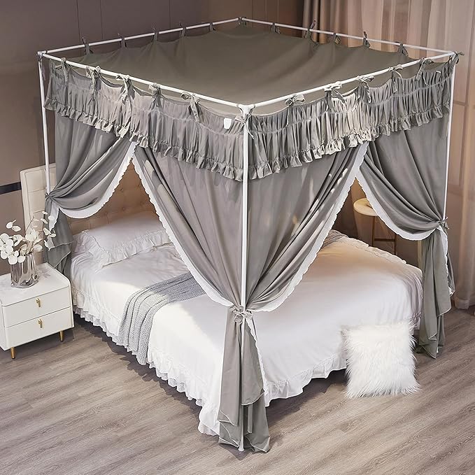 Ruffle Lace up 4 Corners Post Princess Curtain Bed Canopy Cozy Breathable Mosquito Net Cloth for Girls Adults Bedroom Decoration (Grey, 64" W*82" L*82" H/Queen)
