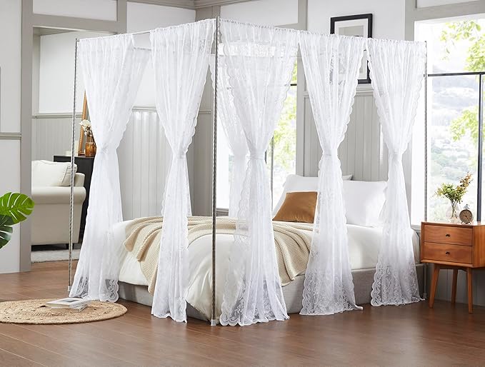 Warm Home Designs Lace Canopy Bed Curtains Set Consists of 8 48" x 78" White Canopy Curtains with Tie-Backs. Queen Canopy Bed Curtains or King Bed Canopy Curtains for Coquette Bedroom Decor. LC White