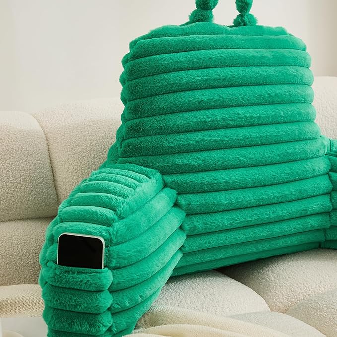 WERDIM Reading Pillow for Sitting in Bed, Faux Fur Back Pillow for Bed Rest, Bed Chair Pillow with Arms and Pockets(Standard, Emerald)