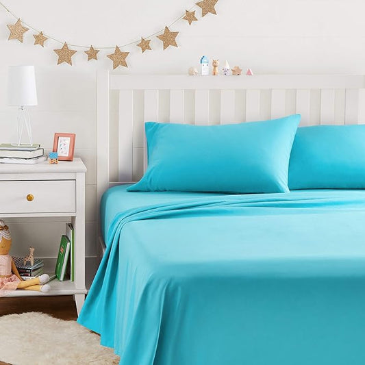 Amazon Basics Kid's Soft Easy-Wash Lightweight Microfiber 4-Piece Sheet Set, Full, Bright Aqua, Solid