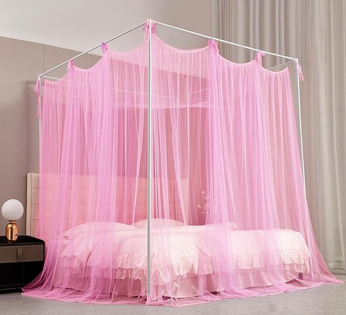 Mengersi Bed Canopy Mosquito Net for Bed,Canopy Bed Curtains Elegant Bed Drapes Screen Netting Canopy Curtains Bedroom Decor (Pink, King)