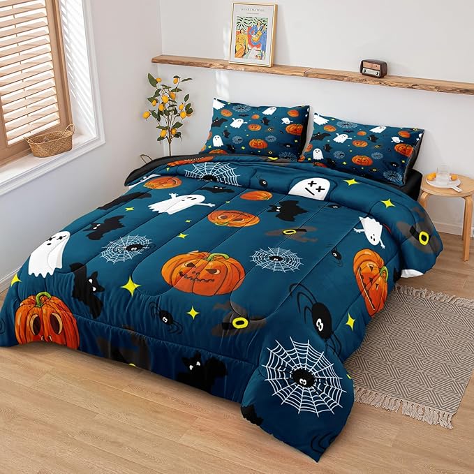Bedbay Halloween Comforter Set King Size Comforter Set Cartoon Pumpkin Bedding Cute Halloween Bedding King Size Comforter 4 Pcs with 1 Cushion Cover(Blue,King)