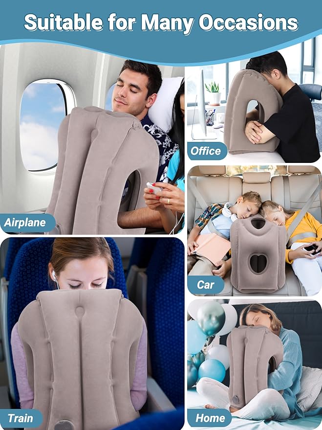 Maliton Inflatable Travel Pillow for Airplane Comfortable Sleeping to Relieve Neck and Shoulder Pain, Support Head Inflatable Pillow for Long Flights, Used for Airplanes, Cars, Trains, Office(Grey)