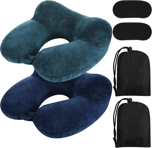 Sintuff 2 Pack Inflatable Travel Pillow for Airplanes Inflatable Neck Pillows with Compact Bag and Blindfold Soft Flight Pillow for Traveling, Airplane, Train, Car, Office(Peacock Green and Blue)