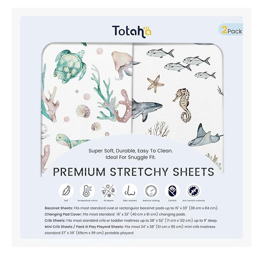 TotAha Crib Sheets for Boys Girls, Premium Soft Crib Mattress Fitted Sheet, Super Stretchy Jersey Knit Baby Sheets, Silky Comfort Baby Bed Sheets 28x52x9 Extra Deep Pocket, 2 Pack (Sea Animal)
