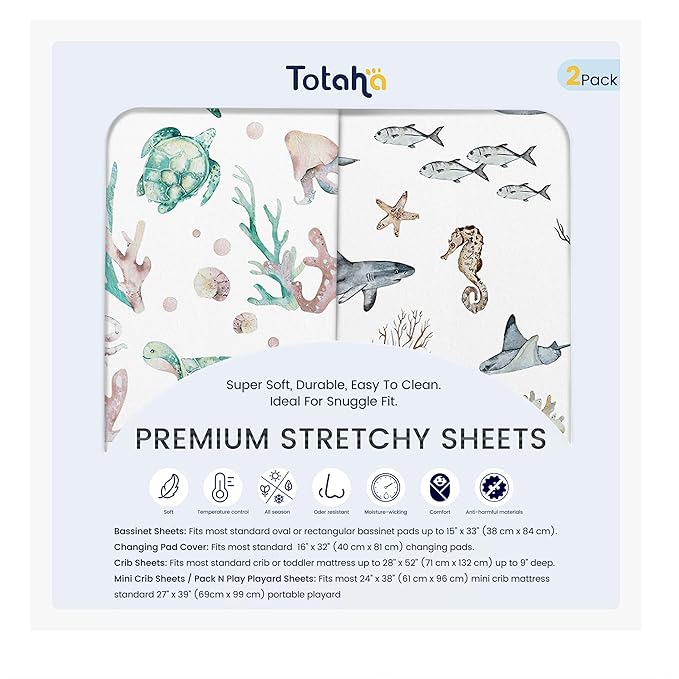 TotAha Premium Soft Pack n Play Sheets, Super Stretchy Jersey Knit Mini Crib Sheets Fitted, Silky Comfort Pack and Play Mattress Sheets, 2 Pack (Sea Animal)