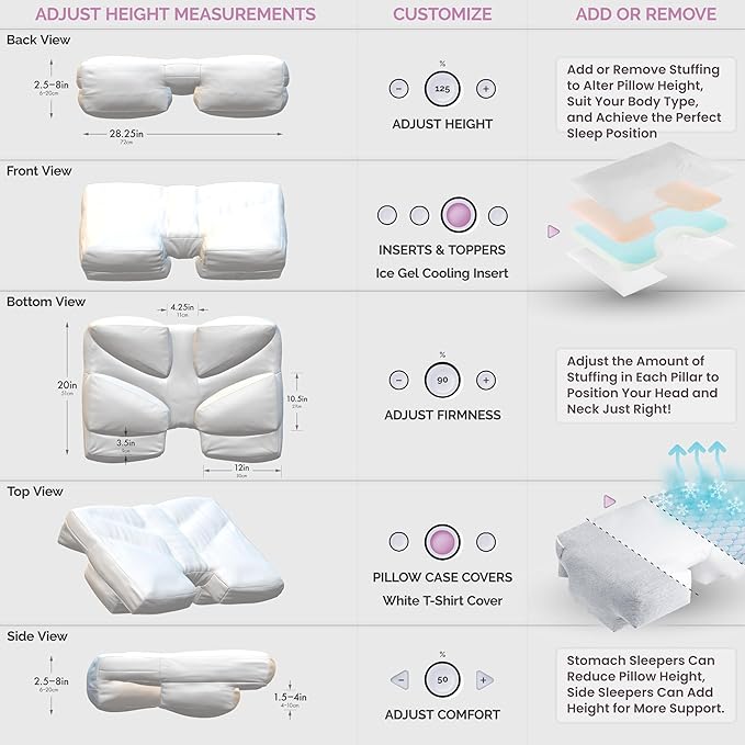 Medium Firm High Density Support. Arm Hole Slots for Cervical, Shoulder Pain Relief. Adjustable for Side, Back, Stomach Sleeping. Rayon Shell/Charcoal Infused Shredded Memory Foam