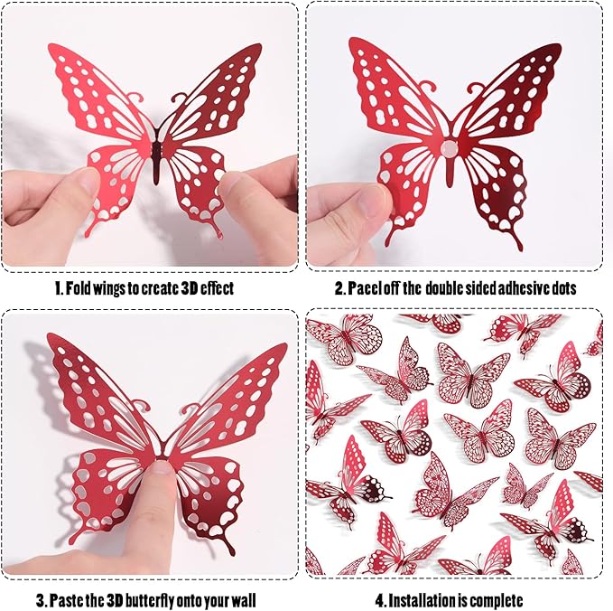 SAOROPEB 3D Butterfly Wall Decor 48 Pcs 4 Styles 3 Sizes, Butterfly Decorations for Butterfly Birthday Decorations Butterfly Party Decorations Cake Decorations, Removable Stickers (Blood Red)