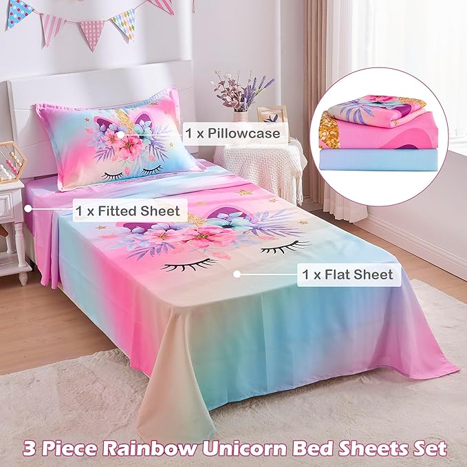 VIVILINEN Twin Size Sheet Set 3 Piece Rainbow Unicorn Kids Bed Sheets Set for Girls Kids Bedding Sheets Toddler Twin Bedding Set Include Flat Sheet, Deep Pocket Fitted Sheet and Pillowcase