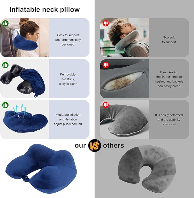 Inflatable Travel Neck Pillows for Airplanes, Long Flight Must Haves for Sleeping to Avoid Neck and Shoulder Pain, Comfortably Support Head and Neck for Flight, Car, Bus and Office (Blue)