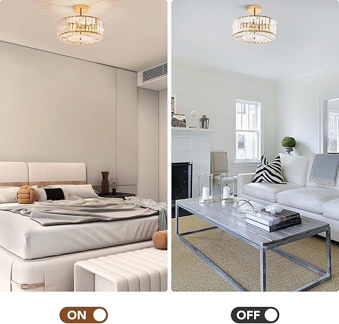 VONLUCE Crystal Light Fixture, Modern Semi Flush Mount Ceiling Light, 15" Round 4-Light Crystal Chandelier Hallway Lighting for Kitchen Bedroom Living Room Dining Room Entryway Closet, Gold