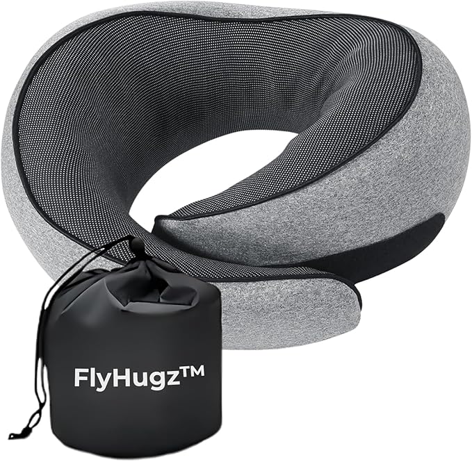 FlyHugz™ Neck Travel Pillow | Memory Foam Neck Pillow for Comfort on Airplane | Compact and Ergonomic Design for Travel, Car Rides, and Home Use | Ideal for Adults and Kids