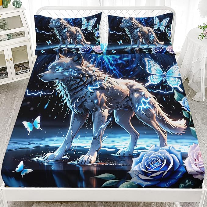 AILONEN Wolf Fitted Sheet Set Queen Size, Blue Lightning Wolf Butterfly Safari Wolf Bed Sheet Set,3 Pieces Teen Boys Sheet Set,Cool Wolf Fitted Sheet with 2 Pillowcases