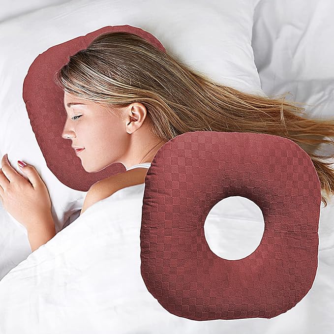 Ear Piercing Pillow for Side Sleepers, Pillow with an Ear Hole for CNH and Ear Pain Ear Inflammation Pressure Sores, O-Shaped Side Sleeping Pillow, Ear Guard Pillow(Dark Red)