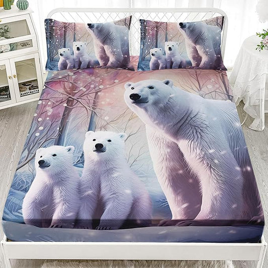 AILONEN Polar Bear Fitted Sheet Set Queen Size, Arctic Animals Bedding Winter Snow Bear Kawaii Kids Bed Sheet with 2 Pillowcases,3 Pieces Queen Fitted Sheet Set for Girls Boys
