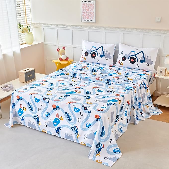 RYNGHIPY Kids Full Bed Sheets: Cars Print Sheets Set for Boys - Breathable Wrinkle Free Microfiber Flat Sheet Fitted Sheet and Pillowcases (White,Full)