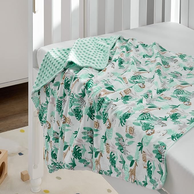 DaysU Silky Micro Soft Plush Baby Blankets for Boys with Print Animal Pattern and Soothing Raised Dots, Double Layer Bed Throws for Baby Crib, Jungle, Green, 30x40 Inches