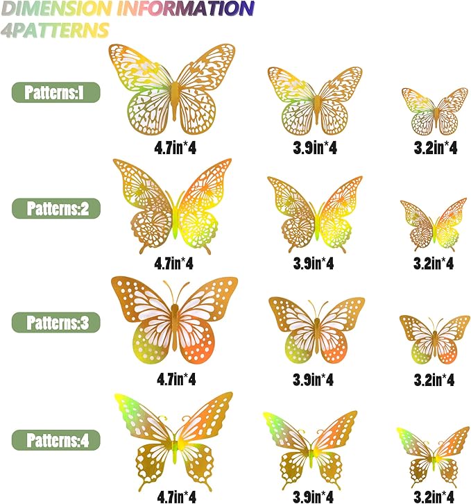 SAOROPEB 3D Butterfly Wall Decor 48 Pcs 4 Styles 3 Sizes-Butterfly Birthday Decorations&Butterfly Party Decorations&Butterfly Cake Decorations-Removable Gold Butterfly Decorations (Laser Gold)