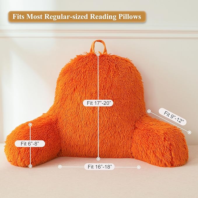 XeGe Fluffy Back Support Pillow Cover for Bed (No Filler), Faux Fur Back Rest Pillow Case for Sitting in Bed, Furry Reading Pillow Cover with Arms Adults Kids, Fuzzy Sit Up Pillow Floor Chair, Orange