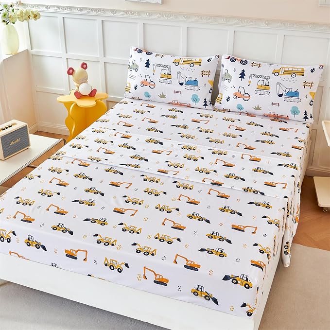 RYNGHIPY Twin Sheets Set Kids Boys: Construction Excavator Bed Sheet Set for Toddler Children - Deep Pocket Wrinkle Free Bedding Set (White Yellow,Twin)