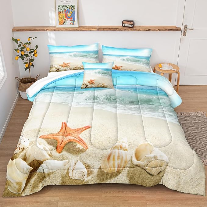 Bedbay Seashell Comforter Coastal Bedding Comforter Set Twin Size Boys Girls Beach Theme Bedding Set Beach Room Decor Starfish Seashore Beach Quilt Set 3 Pcs (Conch,Twin)