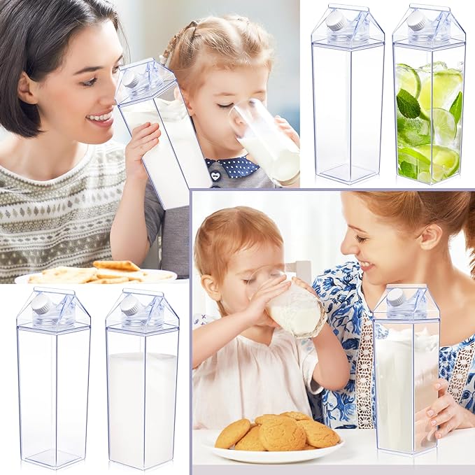 KALYLOC 4Pcs 34 Oz Milk Carton Water Bottle, Clear Plastic Square Milk Bottles, Portable Reusable Milk Box Juice Water Container for Travelling Sports Camping Outdoor Activities (Clean 4pcs)
